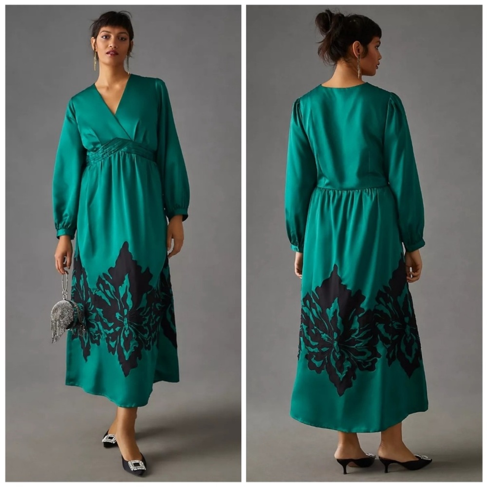 Nikasha x Anthropologie Embroidered Maxi Dress V-Neck Long Sleeve Satin Green M